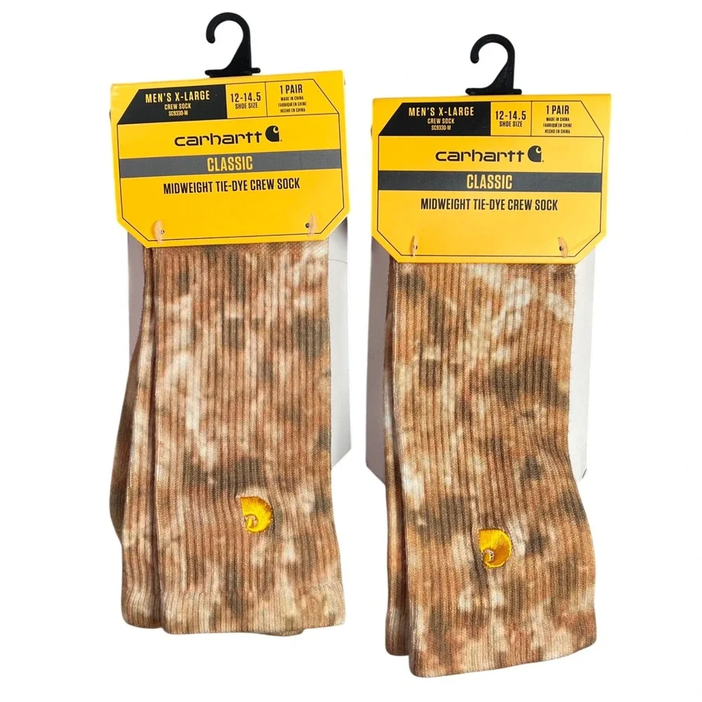 Carhartt Men XL Midweight Tie-Dye Crew Socks Malt Khaki 2 Pair Sz 12-14.5 New